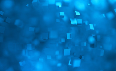 Abstract 3d rendering of chaotic cubes. Flying shapes in empty space. Dynamic background with bokeh, depth of field effect. Design for poster, banner, placard.