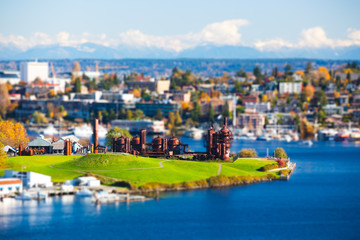 Tilt-shift view of Gas Works Park and Lake Union