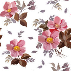 Seamless pattern with flowers cosmos, buds and foliage in pink, red and brown tones on a white background.
