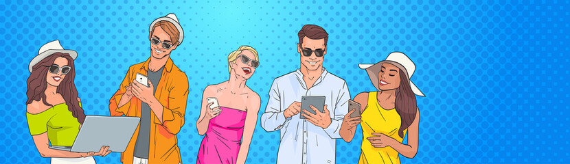 People Group Use Cell Smart Phone Tablet Laptop Computer Chatting Online Over Pop Art Colorful Retro Background Vector Illustration