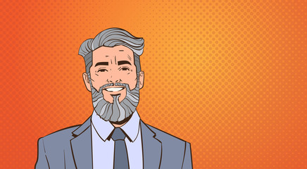 Senior Business Man Boss Portrait Over Pop Art Colorful Retro Style Vector Illustration