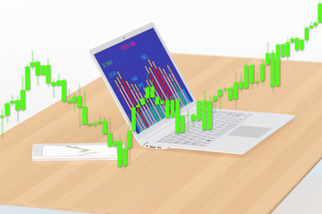 Stock green color chart on the background of the laptop. 3D illustration