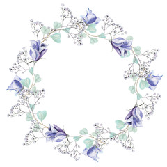 Beautiful watercolor wreath with eucalyptus branches and flowers eustomiya.
