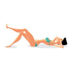 Young woman in green bikini sunbathing lying on the beach. Vecto