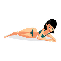 Young woman in bikini sunbathing lying on the beach. Vector flat