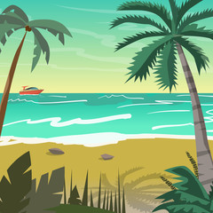 Fototapeta na wymiar Sea landscape summer beach with palms, boat, horizon at sunset. Vector flat illustration