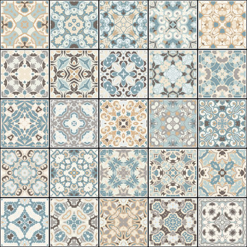 A collection of ceramic tiles in blue and beige colors. A set of square patterns in eastern style. Vector illustration.