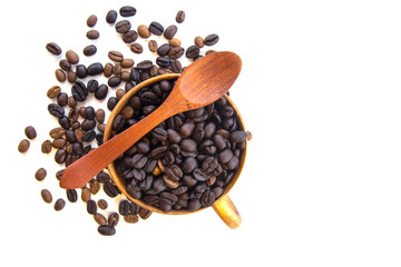 Cup with coffee beans isolated on white background.