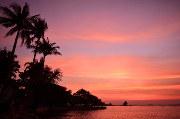 Fototapeta na wymiar Tropical beach with palm trees at sunset