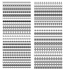 Big vector set of geometric black borders in ethnic style. Collection of pattern brushes inside