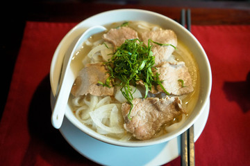 Bow of vietnamese beef rice noodle soup