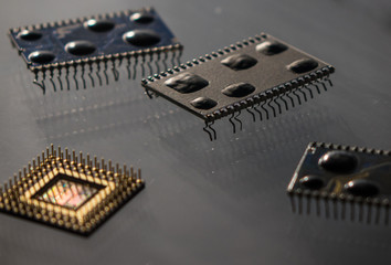 The old and vintage computer chip , close up