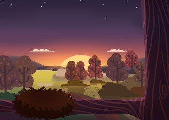 The Little Forest at Peaceful Night. Video Game's Digital CG Artwork, Concept Illustration, Realistic Cartoon Style Background
