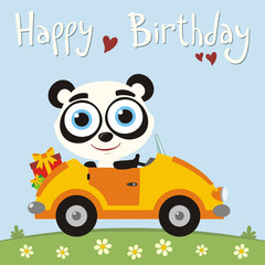Happy birthday! Funny panda bear going in car with gifts for birthday. Card with panda bear in cartoon style for child birthday.