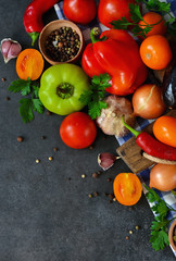 Various fresh vegetables from the garden isolated on a black background. Bio food.
