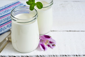 Homemade yogurt on a white background with space for text