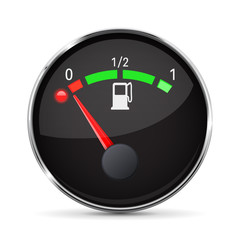 Black fuel gauge with chrome frame. Empty tank