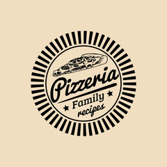 Vector vintage hipster italian food logo. Modern pizza sign. Hand drawn mediterranean cuisine illustration.