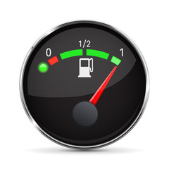 Black fuel gauge with chrome frame. Full tank