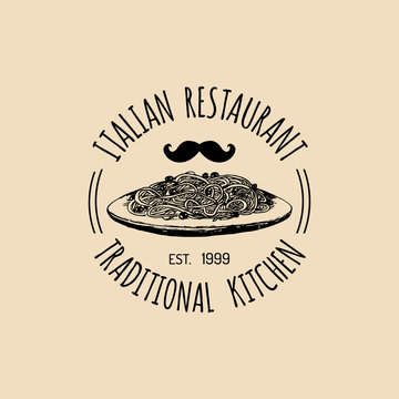 Vector vintage hipster italian food logo. Modern pasta sign or icon. Hand drawn mediterranean cuisine illustration.