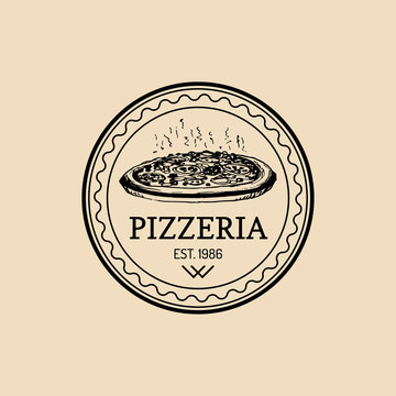 Vector vintage hipster italian food logo. Modern pizza sign. Hand drawn mediterranean cuisine illustration.