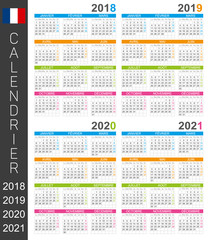 Calendar 2018 2019 2020 2021 / French calendar template for years 2018-2021 week starts on Monday