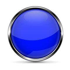 Blue round glass button with chrome frame