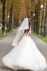 Bride in white dress is spinning in an alley in the park. Dress develops in the wind. Happy bride in a wedding dress is spinning.