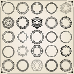 Vintage set of vector round elements. Different elements for decoration and design frames, cards, menus, backgrounds and monograms. Classic patterns. Set of vintage patterns