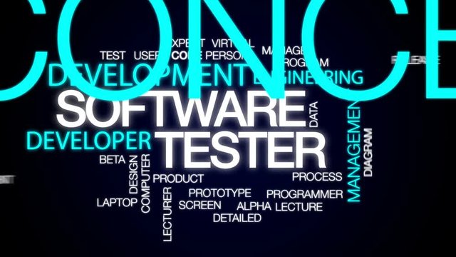 Software tester animated word cloud, text design animation.
