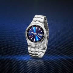 Men's metal watch / wrist watch for men on a blue background. The watch is shiny, chrome with a bracelet, the watch has a round dial, the arrows, the day of the week, the number