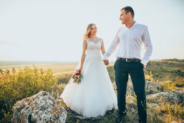 Happy wedding couple are walking in the mountains