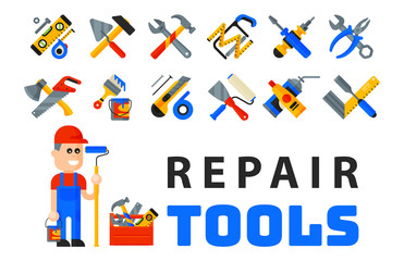 Home repair tools icons working construction equipment set and service worker macter man character flat style isolated on white background vector illustration.