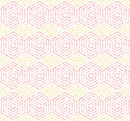 Geometric repeating vector ornament with red and golden hexagonal dotted elements. Geometric modern ornament. Seamless abstract modern pattern
