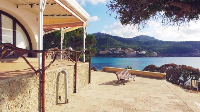 Walking in mallorca , mediterranean island village view , beautiful blue bay
