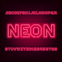 Red neon tube alphabet font. Type letters and numbers on a dark background. Vector typeset for your design.
