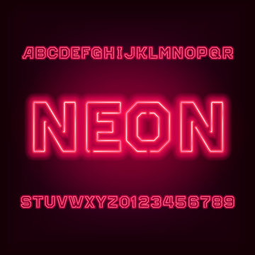 Red neon tube alphabet font. Type letters and numbers on a dark background. Vector typeset for your design.