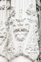 Bas-reliefs and sculptural details in the design of stone art in the pavilions of the exhibition VDNH in Moscow