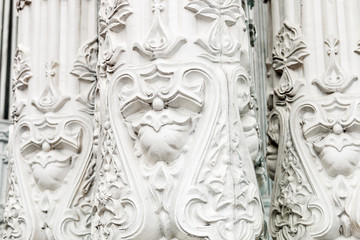 Bas-reliefs and sculptural details in the design of stone art in the pavilions of the exhibition VDNH in Moscow
