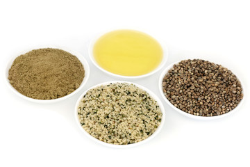 Hemp Food Ingredients. With husks, seeds, oil and powder.