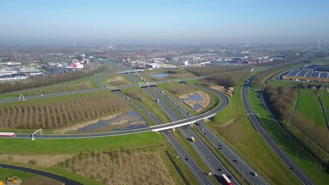 Aerial: Highway junction busy highway A2 and A27 in the Netherlands