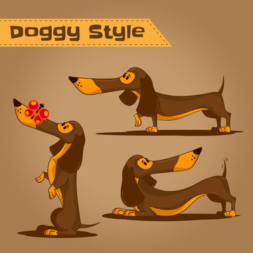 Doggy style theme. Set of cartoon brown dachshund in different poses. Use this hand drawn vector illustration for design your website or publications.