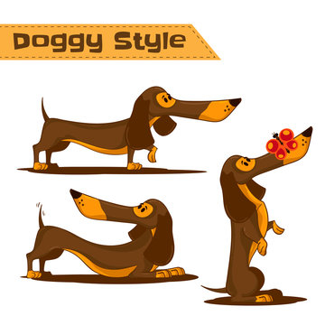 Doggy style theme. Set of cartoon brown dachshund in different poses. Hand drawn vector illustration isolated on white background for design your website or publications. 