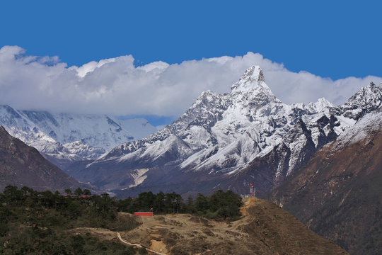 Mount Ama Dablam seen from Khumjung. Spring scene in the Everest National Park.