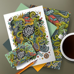 Cartoon cute vector doodles Eco cars corporate identity set