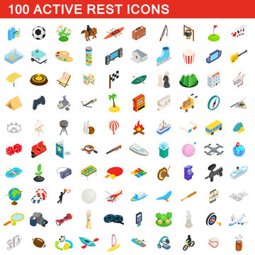 100 active rest icons set, isometric 3d style