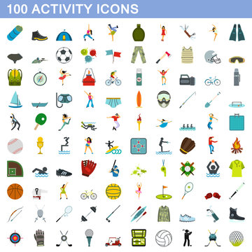 100 activity icons set, flat style