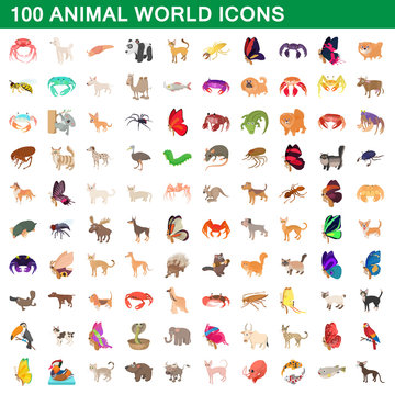100 animal world set, cartoon style