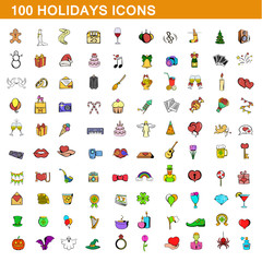 100 holidays icons set, cartoon style