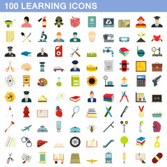 100 learning icons set, flat style